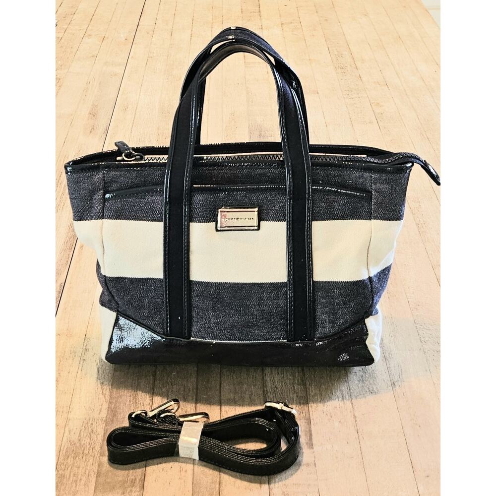 NEW Tommy Hilfiger Canvas Satchel Striped Bag With Crossbody Strap, Blue, White